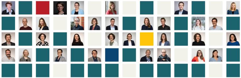 Mosaik mit kleinen Porträts aller HSE-Mitarbeiter:innen und Kacheln in den HSE-Farben.