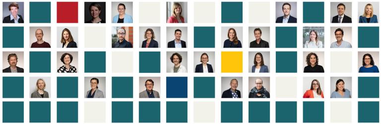 Mosaik mit kleinen Porträts aller HSE-Mitarbeiter:innen und Kacheln in den HSE-Farben.