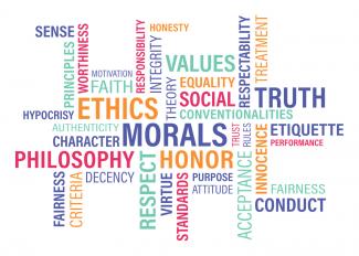 Bunte Wortwolke mit Begriffen rund um das Thema Ethik