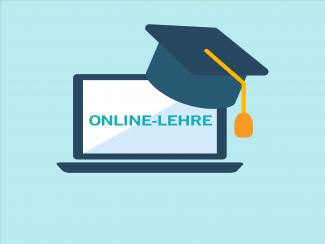 Grafik mit Laptop (Schriftzug „Online-Lehre“) und Doktorhut auf Bildschirmkante