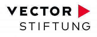 Wort-Bild-Marke mit Schriftzug VECTOR STIFTUNG in schwarzen Versalien, (oben VECTOR fett, darunter STIFTUNG leicht nach rechts versetzt mager) und rechts einem roten Pfeil in Form eines gleichseitigen Dreiecks.