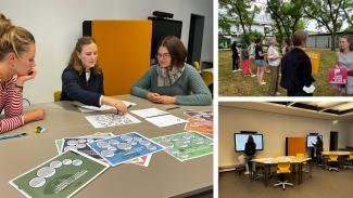 Collage aus 3 Bildern, die Studierende beim Workshop zeigen; an einem Tisch mit SDG-Materialien (Bild 1), bei der Partnerarbeit im Freien (Bild 2) bzw. vor Smartboards (Bild 3).