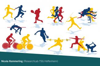 Eine Grafik zeigt schemenhafte Sportler:innen bei verschiedenen Sportarten in Rot, Blau und Gelb auf weißem Grund. Unten schräg abgesetzt auf petrolfarbenem Grund der Name der Referentin: Nicola Kemmerling (ResearchLab TSG Hoffenheim)