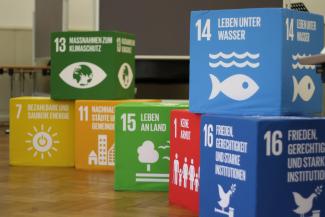 Das Bild zeigt Würfel mit den 17 Nachhaltigkeitszielen der Vereinten Nationen auf Parkettboden