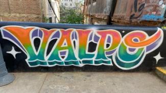 Auf einer Mauer prangt ein farbenfrohes Graffiti mit dem Schriftzug VALPO. 