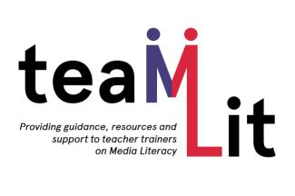 Logo TeaMLiT - Schriftzug mit Text "Providing guidance, resources and support to teacher trainers on Media Literacy"