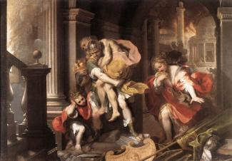 Das Ölgemälde von Federico Barocci zeigt Aeneas, der zusammen mit seiner Frau Creusa und seinem Sohn Ascanius aus der brennenden Stadt Troja verlässt. Der Held versucht, dem Feuer zu entkommen, welches das im Hintergrund abgebildete Gebäude des Tempels verschlungen hat. Auf seinen Schultern trägt er seinen Vater Anchises.