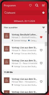 Das Bild zeigt das Programm der Universität Heidelberg zum Studieninfotag auf einem Smartphonebildschirm. Ins Suchfeld ist "Lehramt" eingegeben, unten erscheinen relevante Veranstaltungen. Der Vortrag zum Berufsziel Lehrer:in ist mit einem Herzen als Favorit gespeichert.