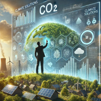 Ein Mann im Anzug steht auf einer mit Solarpanels und Windrädern bestückten Grünfläche. Er deutet auf eine digitale Grafik, die die Weltkugel versehen mit Klimadiagrammen und Icons zeigt.