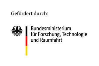 Offizielles Logo des Bundesministeriums für Forschung, Technologie und Raumfahrt (BMFTR) mit Bundesadler links und dem Text "Gefördert durch: Bundesministerium für Forschung, Technologie und Raumfahrt" rechts. Dawischen ein Säulenelement in den Nationalfarben Schwarz, Rot und Gold.