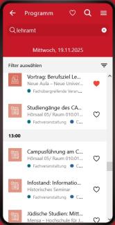 Das Bild zeigt das Programm der Universität Heidelberg zum Studieninfotag auf einem Smartphonebildschirm. Ins Suchfeld ist "Lehramt" eingegeben, unten erscheinen relevante Veranstaltungen. Der Vortrag zum Berufsziel Lehrer:in ist mit einem Herzen als Favorit gespeichert.