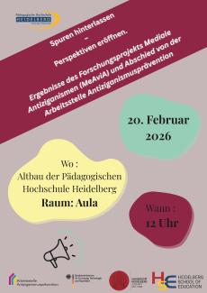 Das Poster zeigt den Titel der Veranstaltung "Spuren hinterlassen - Perspektiven eröffnen" sowie Angaben zu Ort und Uhrzeit. Unten die Logos der Beteiligten: Arbeitsstelle Antiziganismusprävention, BMFTR, Uni Heidelberg, HSE. Oben links das Logo der PHHD.