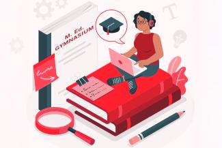 Die in Rottönen gehaltene Grafik zeigt eine junge Frau, die auf einem Stapel überdimensional großer roter Bücher sitzt. Rechts neben ihr lehnt ein Buch mit dem Titel "M. Ed. Gymnasium". Vor ihr eine große Lupe, daneben ein Stift.