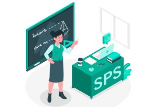 Die in Grüntönen gehaltene Grafik zeigt eine junge Frau vor einer Tafel. Rechts neben ihr das Lehrerpult mit der Aufschrift SPS.