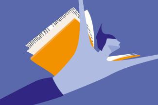 Die Grafik in Blau- und Orangetönen zeigt eine stilisierte Person, deren fliegende Pose an die Nike von Samothrake erinnert. Statt Flügeln trägt sie aufgeschlagene Buchseiten auf dem Rücken.