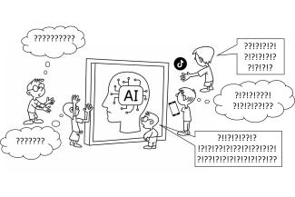 Die Grafik zeigt das Bild eines Kopfes mit der Aufschrift "AI" auf einem überdimensionierten Tablet. Um dieses herum stehen Schüler:innen, die mit vielen Fragezeichen in Denkblasen darauf blicken.