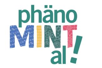 Schriftzug phänoMINTal. Die bunten Versalien zu MINT sind mit Zahlen, Formeln und naturwissenschaftlichen Symbolen hinterlegt.
