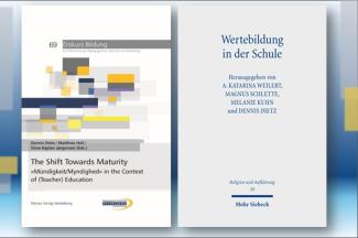 Das Bild zeigt die Cover der beiden Sammelbände •	Wertebildung in der Schule. Struktur, Vermittlung, Entwicklungsdynamik – Herausforderungen und Ambivalenzen" (Mohr Siebeck) und "•	The Shift Towards Maturity: »Mündigkeit/Myndighed« in the Context of (Teacher) Education" (Mattes Verlag), die 2026 erschienen sind. Im Hintergrund grafische Formen in Blau-, Grau- und Gelbtönen 