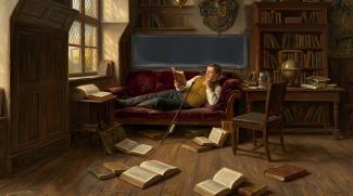 Im Stil eines Ölgemäldes zeigt das Bild einen jungen Mann beim Lesen auf einem historisch anmutenden Sofa. Auf dem Boden aufgeschlagene Bücher, hinter ihm ein Smartboard.