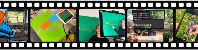 Collage im Stil einer Filmrolle zeigt verschiedene Bilder aus dem Kontext eLearning und Videoproduktion: eine Grafik, die eine Person am PC mit Videokonferenzkacheln zeigt: ein über dem Tisch montiertes iPad, das Materialien abfilmt; eine Person vor Green Screen/Kamera, ein Schnittprogramm auf einem Bildschirm; ein Smartphone im Videomodus.