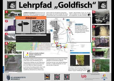 Infoblatt der Gedenkstätte Neckarelz zum Lehrpfad „Goldfisch“ und seiner Erkundung mittels der App Actionbound.