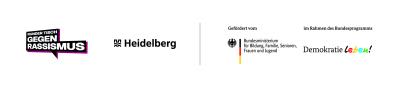 Leiste mit folgenden Logos, horiontal angeordnet: Runder Tisch gegen Rassismus, Stadt Heidelberg, BMBFSFJ, Bundesprojekt Demokratie leben!