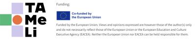 Logo des Projekts TAMeLi mit Förderhinweis "Co-funded by the European Union" mit Disclaimer "Views and opinions expressed are however those of the author(s) only and do not necessarily reflect those of the EU or EACAA" etc.