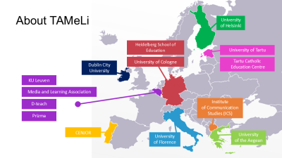 A Map of Europe in grey with 14 TAMeLi partners and countries in various colours  