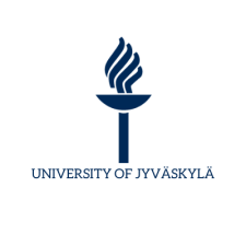 Das Logo der Universität Jyväskylä zeigt eine brennende Fackel in Dunkelblau auf weißem Grund, darunter UNIVERSITY OF JYVÄSKYLÄ.
