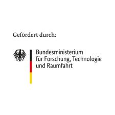 Offizielles Logo des Bundesministeriums für Forschung, Technologie und Raumfahrt (BMFTR) mit Bundesadler links und dem Text "Gefördert durch: Bundesministerium für Forschung, Technologie und Raumfahrt" rechts. Dawischen ein Säulenelement in den Nationalfarben Schwarz, Rot und Gold.
