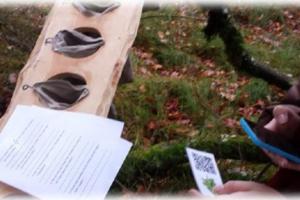 Person im Wald scannt QR-Code, um Fragen auf Arbeitsblatt zu beantworten 
