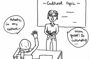 Graphic illustration depicting discussion of cultural topic in the classroom, with teacher being enthusiastic about culturally diverse student's contribution