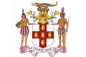 Wappen Jamaicas mit dem Schriftzug „Out of many, one people"