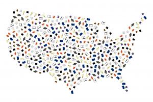 Grafik mit Umriss der Vereinigten Staaten von Amerika, ausgefüllt von bunten Bücher-Icons, auf weißem Hintergrund