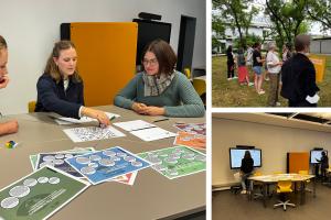 Collage aus 3 Bildern, die Studierende beim Workshop zeigen; an einem Tisch mit SDG-Materialien (Bild 1), bei der Partnerarbeit im Freien (Bild 2) bzw. vor Smartboards (Bild 3).