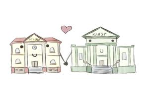 Die Zeichnung zeigt eine Schule und ein Gebäude, auf dem KUNST steht. Beide Gebäude reichen sich die Hand, darüber ein Herz.