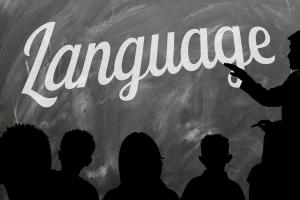 Auf einer schwarzen Tafel steht in weißer Schrift das Wort "Language". Rechts davon der schwarze Umriss einer Lehrkraft, die darauf deutet. Im Vordergrund die schwarzen Umrisse von Schüler:innen. 