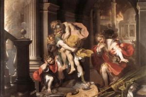 Das Ölgemälde von Federico Barocci zeigt Aeneas, der zusammen mit seiner Frau Creusa und seinem Sohn Ascanius aus der brennenden Stadt Troja verlässt. Der Held versucht, dem Feuer zu entkommen, welches das im Hintergrund abgebildete Gebäude des Tempels verschlungen hat. Auf seinen Schultern trägt er seinen Vater Anchises.