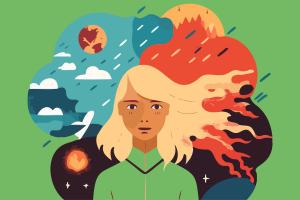 Die Grafik zeigt eine junge Frau vor einer Denkblase mit Klimaphänomenen wie Regen und Feuer.
