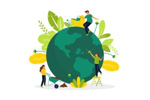 Die Grafik zeigt eine grüne Weltkugel, aus der Blätter und Triebe, Blüten sprießen. Menschen mit Schubkarre, Gießkanne, Putzuntensilien pflegen sie.