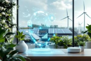 Auf einem von Pflanzen gerahmten Holztisch ein Hologramm eines technischen Kreislaufs mit Diagrammen etc.; die große Glasfront dahinter gibt den Blick auf Windräder und Solarpanels frei.