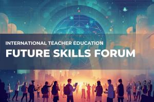 Die KI-generierte Grafik zeigt viele junge Menschen vor dem futuristisch anmutenden Hintergrund einer überdimensionalen Weltkugel bei Sonnenaufgang.