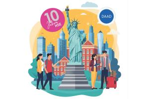 Die KI-generierte Grafik zeigt junge Menschen vor der Freiheitsstatue, im Hintergrund das Teachers College und die New Yorker Skyline.