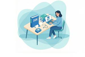 Die in Grüntönen gehaltene Grafik zeigt eine junge Frau vor einer Tafel. Rechts neben ihr das Lehrerpult mit der Aufschrift SPS.