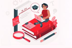 Die in Rottönen gehaltene Grafik zeigt eine junge Frau, die auf einem Stapel überdimensional großer roter Bücher sitzt. Rechts neben ihr lehnt ein Buch mit dem Titel "M. Ed. Gymnasium". Vor ihr eine große Lupe, daneben ein Stift.