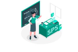 Die in Grüntönen gehaltene Grafik zeigt eine junge Frau vor einer Tafel. Rechts neben ihr das Lehrerpult mit der Aufschrift SPS.