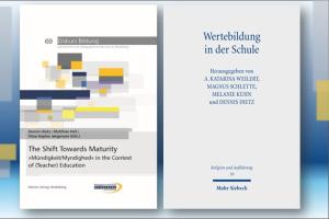 Das Bild zeigt die Cover der beiden Sammelbände •	Wertebildung in der Schule. Struktur, Vermittlung, Entwicklungsdynamik – Herausforderungen und Ambivalenzen" (Mohr Siebeck) und "•	The Shift Towards Maturity: »Mündigkeit/Myndighed« in the Context of (Teacher) Education" (Mattes Verlag), die 2026 erschienen sind. Im Hintergrund grafische Formen in Blau-, Grau- und Gelbtönen 