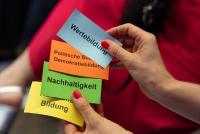 Zwei Hände fächern Karten in Blau, Orange, Grün und Gelb, auf denen die Worte Wertebildung, Politische Bildung / Demokratiebildung, Nachhaltigkeit und Kulturelle Bildung stehen.