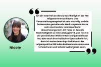 Das Bild zeigt Links das Porträt einer Studentin in einem kreisförmigen Ausschnitt, darunter ihren Namen Nicole. Rechts daneben ein Zitat zum persönlichen Wert der Zusatzqualifikation in großen Anführungsstrichen.